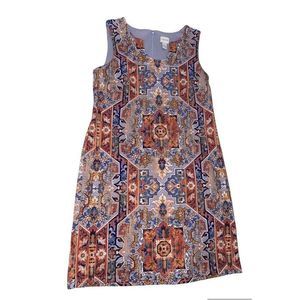 Chico's Orange Medallion Dress Chicos Size 1 US Size 8 Sheath Tile Pattern Notch